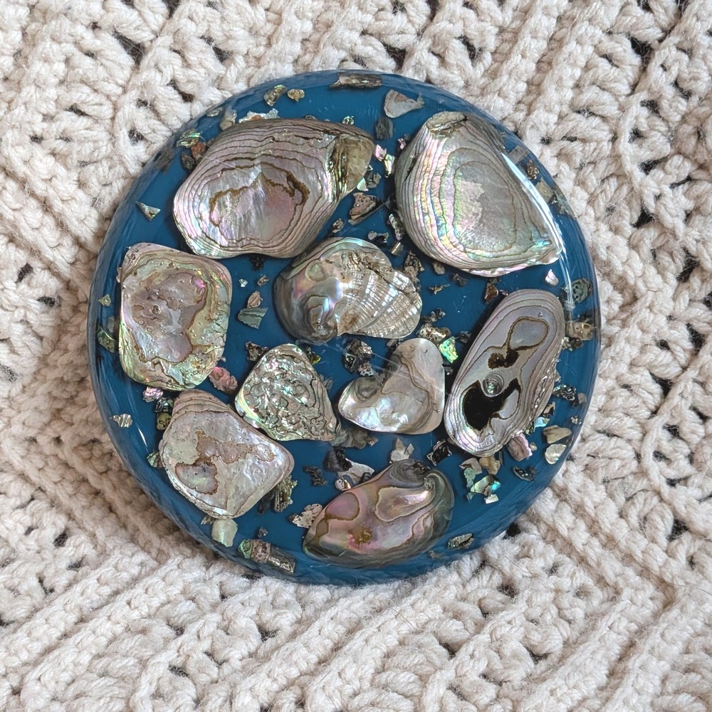 Vintage Hyler Enterprises Abalone Shell Resin Trivet Hot Plate Monterey CA Teal